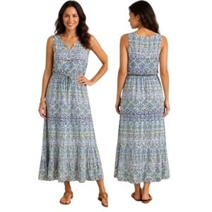 Pure Collection Silk Maxi Dress Womens 14/16 Blue Mosaic Print Coastal Boho Chic